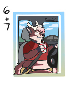 anthro antlers blue_sky car cloud drinking driving fur hair holding_object horn inside_car inside_vehicle male multicolored_body multicolored_fur overweight seat_belt simple_background sitting sky solo steering_wheel tail vehicle weight_gain weight_gain_sequence holidaysoftfox fattytober holiday_(holidaysoftfox) canid canine deer fox hybrid mammal hi_res