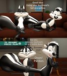 anthro crossed_legs female fur furniture male multicolored_body multicolored_fur sofa text papadragon69 looney_tunes warner_brothers penelope_pussycat pepe_le_pew domestic_cat felid feline felis mammal mephitid skunk striped_skunk 3d_(artwork) comic digital_media_(artwork) english_text hi_res