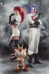 belt boots clothed clothing cosplay female flower footwear group hair holding_flower holding_object looking_at_viewer male midriff plant plushie pose purple_hair real red_hair rose_(flower) shoes team_pose text text_on_clothing ryoko-demon nintendo pokemon team_rocket james_(team_rocket) jessie_(team_rocket) meowth_(team_rocket) generation_1_pokemon human mammal meowth pokemon_(species)