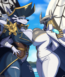 anthro biped breast_squish breasts breasts_frottage clothed clothing detailed_background duo eyelashes female female/female glistening glistening_body inside pupils sharp_teeth smile squish standing teeth thick_thighs torn_clothing white_clothing lyorenth-the-dragon bandai_namco digimon blackwargreymon digimon_(species) weregarurumon hi_res