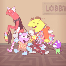 animal_ears animal_mask bag blush bodily_fluids bottomwear bubble clothed clothing collar collar_tag convention convention_badge costume crop_top crossdressing drooling drunk drunk_bubble eyebrows fake_ears fake_paws fake_tail femboy footwear furry_convention fursuit group hair hallway handwear hat headgear headwear holding_art holding_bag holding_leash holding_object hoodie inside leash legwear luggage male mask narrowed_eyes open_mouth open_smile pants paper partial_fursuit pattern_clothing pattern_legwear pattern_stockings plushie pup_mask saliva shirt shoes shorts side_view sign size_difference skirt smile spiked_collar spikes sticker stockings striped_clothing striped_legwear striped_stockings stripes substance_intoxication text tongue toony topwear walking wingedwolf94 adult_swim cartoon_network smiling_friends allan_red charlie_dompler glep_(smiling_friends) pim_pimling critter_(smiling_friends) humanoid mammal 1:1 2025 english_text hi_res