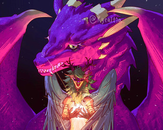 anthro bow_ribbon duo eyes_closed feathered_wings feathers female female/female feral glowing night purple_body wings yellow_body mythology o_hear_thee cynthia_(oth) roselia_(oth) dragon mythological_creature mythological_scalie scalie hi_res