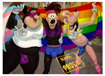 anthro asexual_pride_colors bisexual_pride_colors border bottomwear bulge clothing devil_horns_(gesture) ear_piercing eyebrow_piercing facial_piercing gesture group hand_gesture jockstrap lgbt_pride male pansexual_pride_colors piercing pride_color_clothing pride_colors progress_pride_colors progress_pride_flag shorts text trio underwear white_border tush_(artist) disney goof_troop max_goof pj_(goof_troop) robert_zimmeruski canid canine canis domestic_cat domestic_dog felid feline felis mammal 11:8 absurd_res english_text hi_res