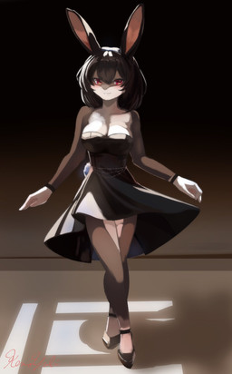 anthro black_clothing black_dress breasts brown_body brown_fur brown_hair closed_smile clothed clothing countershading curtsey dress female front_view fully_clothed fur gloves_(marking) hair inside leg_markings long_ears looking_at_viewer markings mouth_closed red_eyes simple_background sleeveless_dress smile socks_(marking) solo standing strapless_clothing strapless_dress kemo_yuki lagomorph leporid mammal rabbit full-length_portrait hi_res portrait