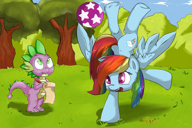 ball blue_body blue_feathers blue_fur cloud cutie_mark duo feathered_wings feathers female feral fur green_eyes hair handstand loose_feather male multicolored_hair on_one_hand outside plant purple_body purple_eyes quill rainbow_hair scroll sky tail tree wings zokkili friendship_is_magic hasbro my_little_pony mythology rainbow_dash_(mlp) spike_(mlp) dragon equid equine mammal mythological_creature mythological_equine mythological_scalie pegasus scalie 2013 3:2