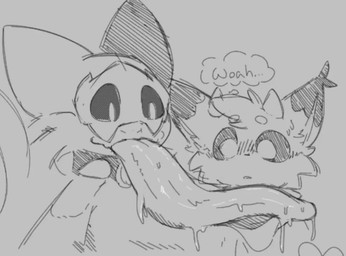 ambiguous_gender anthro bodily_fluids cheek_tuft collar dripping duo ear_tuft ellipsis facial_tuft head_tuft horn long_tongue mask saliva saliva_drip spiked_collar spikes text thought_bubble tongue tuft wearing_mask soarfloh marce_(marcecatfish) syloh_(soarfloh) english_text sketch
