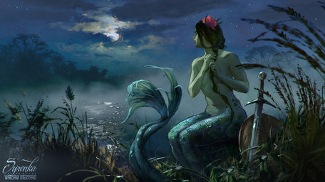 blue_body blue_scales breasts cloud detailed_background female full_moon grass hair lake long_hair looking_aside melee_weapon moon navel night outside plant scales shield solo split_form star sword water weapon akreon humanoid marine merfolk