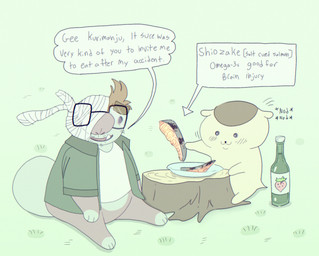 alcohol ambiguous_gender anthro bandage bandage_on_face bandage_on_nose bandaged_head belly beverage big_nose big_tail black_nose blush bottle bottomless brown_eyebrows brown_hair brown_markings clothed clothing container dialogue directional_arrow dot_eyes dot_nose duo eye_bags eyebrows eyewear featureless_crotch featureless_feet featureless_hands feet food glasses grass grass_field green_clothing green_shirt green_topwear hair hammer holding_food holding_object looking_at_another markings nodding object_in_head offering_food paws pink_arms pink_legs pink_nose plant plate salmon_(food) shirt shirt_only simple_eyes sitting smile speech_bubble tail text thick_eyebrows tools topwear topwear_only tree_stump tusks wearing_glasses whiskers white_belly white_clothing white_face white_head white_paws white_shirt white_tail white_topwear yellow_arms yellow_body yellow_ears yellow_face yellow_head yellow_legs yellow_paws yellow_tail plentyofsoup chiikawa kurimanju_(chiikawa) soup_(plentyofsoup) badger mammal mustelid musteline unknown_species digital_media_(artwork) english_text handwritten_text hi_res