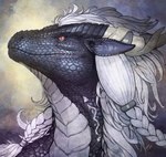 abstract_background ambiguous_gender feral glistening glistening_eyes grey_body grey_scales hair horn mouth_closed orange_eyes scales solo white_body white_hair white_scales khyaber mythology dragon mythological_creature mythological_scalie scalie detailed hi_res