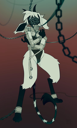 anthro bdsm black_body black_fur bodysuit bondage bound camel_toe chain chained clothing collar cuff_(restraint) cuffed_ankles cuffed_wrists female female_anthro fur genital_outline gradient_background horn medical medical_fetish medical_play medical_restraints muzzle_(object) muzzled red_background restrained restraints simple_background skinsuit solo straitjacket submissive submissive_anthro submissive_female suspension suspension_bondage tight_clothing vulva_outline white_body white_fur wire_basket_muzzle vyvs bovid caprine hybrid mammal sheep 2022 absurd_res hi_res