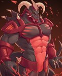 abs animal_genitalia anthro armor black_sclera claws finger_claws genital_slit genitals grey_body horn male muscular muscular_anthro muscular_male navel pecs red_body solo spikes spikes_(anatomy) tail teeth unconvincing_armor yellow_eyes uiokv konami mythology yu-gi-oh! red_dragon_archfiend dragon duel_monster mythological_creature mythological_scalie scalie absurd_res hi_res