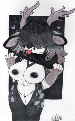 anthro antlers areola big_breasts biped black_background black_clothing black_shirt black_topwear breasts clothed clothing clothing_lift covered_eyes exposed_breasts female female_anthro fingernails fur genitals grey_body grey_fur hair hair_over_eyes horn humanoid_genitalia humanoid_vulva innie_vulva multicolored_body multicolored_hair nails nipples partially_clothed shirt shirt_lift simple_background solo t-shirt tongue tongue_out topwear vulva mootsncompany olivia_(mootsncompany) deer mammal absurd_res hi_res painting_(artwork) sketch traditional_media_(artwork) traditional_painting_(artwork)