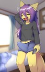 anthro bed bedroom blurred_background bulge casual_erection cellphone clothed clothing electronics emanata erection erection_under_clothing eyes_closed femboy fur furniture hair hand_behind_head holding_cellphone holding_object holding_phone holding_smartphone kemono long_hair male male_anthro morning_wood navel open_mouth phone purple_hair shirt smartphone solo tail teeth tongue topwear underwear waking_up yawn yellow_body yellow_fur hane itsuki_(hane) canid canine fox mammal 2024 5:8 digital_media_(artwork) hi_res portrait three-quarter_portrait