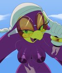 5_fingers anthro areola beak big_breasts breasts eyelashes eyewear female fingers half-closed_eyes looking_at_viewer narrowed_eyes navel nipples non-mammal_breasts non-mammal_navel non-mammal_nipples open_beak open_mouth purple_body thick_thighs wide_hips apinkgrape sega sonic_riders sonic_the_hedgehog_(series) dan_the_barn_owl wave_the_swallow avian bird hirundinid oscine passerine swallow_(bird) 2025 absurd_res digital_media_(artwork) hi_res