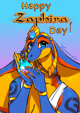 5_fingers anthro blue_body blue_scales breasts clothing dress female fingers humanoid_hands jewelry multicolored_body multicolored_scales pendant scales solo text two_tone_body two_tone_scales yellow_body yellow_scales zummeng zaphira_(zummeng) cobra reptile scalie snake english_text hi_res