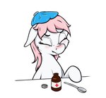 blush cutlery ears_down eyes_closed female feral fur hair hooves ill kitchen_utensils medicine pink_hair pivoted_ears quadruped simple_background sitting solo spoon tools white_background white_body white_fur aquaticvibes friendship_is_magic hasbro my_little_pony nurse_redheart_(mlp) earth_pony equid equine horse mammal pony 2021 hi_res