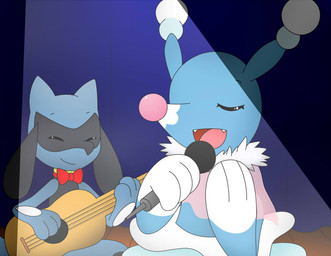 acoustic_guitar ambiguous_gender anthro blue_body blue_fur bow_(feature) bow_tie duo electronics fangs fur guitar microphone musical_instrument playing_guitar playing_music plucked_string_instrument simple_background singing string_instrument teeth winick-lim nintendo pokemon aquatic brionne canid canine generation_4_pokemon generation_7_pokemon mammal pinniped pokemon_(species) riolu digital_media_(artwork)