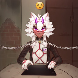 ambiguous_gender anthro bdsm big_ears bondage bound chain collar dark_body dark_skin emoji hair mascot office_clothing purple_eyes smile smiling_at_viewer solo white_hair conditional_dnp mrsklll kira_(mrsklll) demon 1:1 hi_res meme