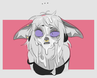 anthro big_breasts bodily_fluids breasts cleavage clothed clothing cum cum_covered cum_in_hair cum_on_breasts cum_on_face ear_piercing ears_down ellipsis eyebrows facial_piercing female frown genital_fluids hair inner_ear_fluff long_hair looking_at_viewer messy nose_piercing nose_ring open_frown open_mouth piercing pivoted_ears ring_piercing shirt soaked soaked_in_cum solo tank_top topwear tuft white_hair wide_eyed buxbi lindy_(buxbi) domestic_cat felid feline felis mammal 2025