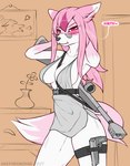 anthro belt blush breasts clothed clothing door dress eyelashes eyewear female fur glasses gun hair handgun holster holstered_pistol inside multicolored_body multicolored_fur pink_body pink_fur pink_hair pistol ranged_weapon red_eyes rifle side_boob sniper_rifle solo speech_bubble text two_tone_body two_tone_fur vase weapon white_body white_fur mashakseh brand_new_animal studio_trigger nazuna_hiwatashi canid canine fox mammal 2021 english_text hi_res signature