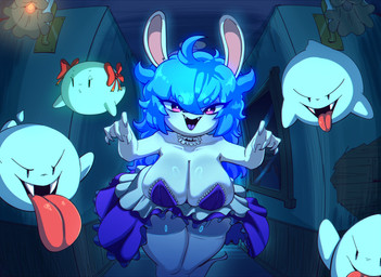 anthro big_breasts biped blue_clothing blue_hair bow_ribbon breasts choker cleavage cleavage_overflow clothed clothing curvy_figure detailed_background evil_grin fangs_bared female glowing glowing_hair group hair haunted_house huge_breasts jewelry legwear long_ears long_hair looking_at_viewer male mischievous_smile necklace serious_face shortstack shoulderless_dress skimpy smile thick_thighs thigh_highs tongue tongue_out voluptuous voluptuous_anthro voluptuous_female wide_hips rabiosin mario_bros nintendo paper_mario raving_rabbids rayman_(series) ubisoft lady_bow midnite_(mario_plus_rabbids) boo_(mario) ghost lagomorph mammal rabbid spirit 2025 hi_res