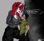 anthro big_breasts big_dom_small_sub blush breasts dominant dominant_female duo female flirting fur glowing glowing_eyes grey_body grey_fur hair kabedon male male/female pinned pinned_to_wall red_eyes red_hair size_difference soldier_uniform tomboy white_body hydraoka a_man_in_a_beasts_world chris_(ghilliecamo) riley_carmine_(ghilliecamo) canid canine canis demon human mammal wolf absurd_res hi_res