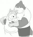 anthro clothing duo hug hugging_another hugging_from_behind humanoid_hands male male/male overweight overweight_male shirt simple_background topwear white_background tiger_cub canid canine canis domestic_dog fish mammal marine shark 2019