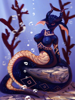 anthro apode big_breasts breasts bubble detailed_background female legless nipples non-mammal_breasts non-mammal_nipples sea serpentine solo water flerie animal_humanoid draconcopode humanoid naga scalie 3:4