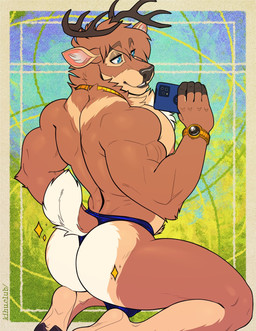 abstract_background anthro antlers back_muscles barazoku barefoot biceps big_bulge big_butt big_muscles blue_background border bubble_butt bulge butt cellphone clock clothed clothing electronics eyebrow_through_hair eyebrows feet fur furgonomics gold_(metal) green_background hair hooves horn huge_butt huge_muscles jewelry kneeling male muscular muscular_anthro muscular_male narrowed_eyes necklace nipples pecs phone simple_background smartphone smile soles solo star tail tail_clothing taking_picture thick_thighs thong topless topless_anthro topless_male translucent translucent_hair triceps tuft underwear vein watch white_border kihu calvin_the_buck deer mammal 2022 hi_res