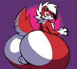 anthro balls big_butt bottomless butt canid canine clothed clothing dusk_(dusk_thelycanroc) dusk_thelycanroc generation_7_pokemon genitals huge_butt hyper_hips looking_at_viewer looking_back lycanroc male mammal midnight_lycanroc nintendo nude pokemon pokemon_(species) rear_view red_body red_eyes simple_background smile solo