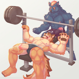 abs anthro blush bodily_fluids countershading dumbbell duo erection exercise fire flaming_hair flaming_mane genital_fluids genitals male male/male muscular muscular_anthro muscular_male nipples pecs penis penis_poking_out precum pseudo_hair pseudo_mane weightlifting weights workout ronci lifewonders live_a_hero barrel_(live_a_hero) furlong_(live_a_hero) canid canine canis hyena mammal wolf