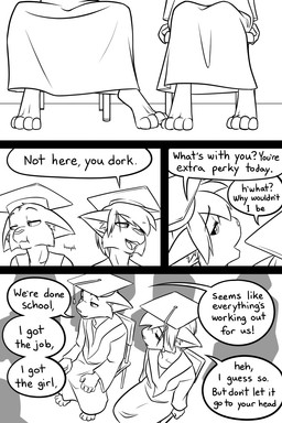 adolescent anthro bangs clothed clothing dialogue duo_focus feet foot_focus footsie graduation graduation_cap graduation_gown graduation_robe group pouting silhouette sitting speech_bubble text young black-kitten sebastien_(black-kitten) serah_(black-kitten) canid canine canis felid feline lynx mammal 2025 2:3 black_and_white comic english_text hi_res lol_comments monochrome multiple_scenes brother_(lore) brother_and_sister_(lore) sibling_(lore) sister_(lore)