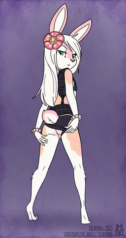 accessory anthro biped black_clothing black_panties black_underwear bottomwear bracelet butt clothed clothing clothing_aside exposing_pussy eyebrows female flashing flashing_pussy flat_chested flower flower_in_hair furgonomic_bottomwear furgonomics genitals green_body hair hair_accessory jewelry long_hair looking_at_viewer looking_back looking_back_at_viewer multicolored_body panties panties_aside partially_clothed plant presenting presenting_vulva rear_view scut_tail short_tail simple_background solo standing tail two_tone_body underwear underwear_aside vulva white_body white_hair young young_anthro young_female lichfang lagomorph leporid mammal rabbit 2025 digital_media_(artwork) hi_res