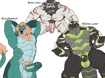 all_fours anthro arm_scar armpit_hair balls beard black_body black_fur black_hair black_scales body_hair chest_scar chest_tuft cybernetics erection eyewear facial_hair front_view fur genitals glasses green_body green_eyes green_scales grin group hair hands_behind_head hands_on_waist leg_scar looking_at_viewer machine male mane mechanical_arm muscular muscular_anthro muscular_male nude nude_anthro nude_male orange_body orange_eyes orange_fur orange_hair penis penis_towards_viewer pubes red_eyes scales scar scars_all_over smile standing trio tuft wearing_glasses white_body kinkyjar2 lhjal2 mythology gio_madfang karegador_(gullax_lusasr) rymulus canid canine canis cyborg dragon felid hybrid kaiju mammal mythological_creature mythological_scalie pantherine scalie tiger wolf 2024 hi_res