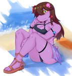 accessory anthro beach big_breasts bikini bivalve_shell breasts brown_hair clothing female flower flower_in_hair footwear freckles hair hair_accessory looking_at_viewer mollusk_shell outside plant purple_body purple_scales sandals scales seaside shell shoes sitting smile solo swimwear two-piece_swimsuit hechangjun250 deltarune undertale_(series) susie_(deltarune) reptile scalie hi_res