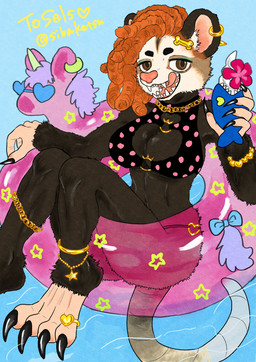 accessory anklet anthro beverage bikini bottomwear bracelet breasts brown_eyes claws clothed clothing curly_hair ear_piercing ear_ring eyeshadow feet female fur hair inflatable inner_tube jewelry licking looking_at_viewer makeup navel necklace open_mouth piercing ring ring_piercing smile solo swimwear tail teeth tongue tongue_out two-piece_swimsuit water kyokyota american_opossum mammal marsupial 2024 absurd_res hi_res