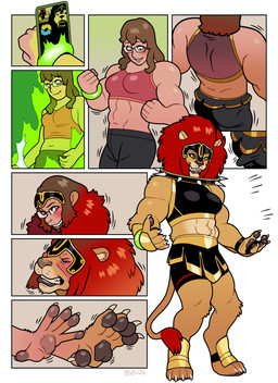 anthro armor black_clothing blush bottomwear breasts brown_hair claws clenched_teeth clothing digitigrade eyewear female fingerpads fist glasses growth hair headgear helmet human_to_anthro muscle_growth muscular muscular_anthro muscular_female pants pawpads red_hair simple_background smile solo species_transformation standing tail tail_growth teeth transformation white_background blackshirtboy felid human lion mammal pantherine 2026 absurd_res comic digital_media_(artwork) hi_res