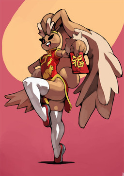 anthro asian_clothing chinese_clothing chinese_dress clothed clothing dress east_asian_clothing female flat_chested footwear holding_object holidays legwear long_ears looking_at_viewer one_eye_closed open_mouth open_smile pose shoes smile solo stockings tail text wink winking_at_viewer bittenhard chinese_new_year nintendo pokemon generation_4_pokemon lopunny pokemon_(species) chinese_text
