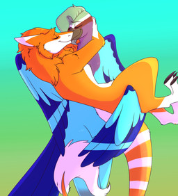 beak blue_body blue_feathers bridal_carry carrying_another duo feathers femboy fur kissing male male/male orange_body orange_fur tail boyslushie citrus_raei cyrus_roller avian bird sergal absurd_res hi_res