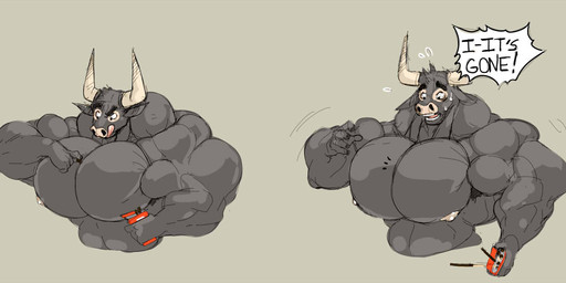 5_fingers anthro armpit_hair big_muscles big_pecs black_body black_fur bodily_fluids body_hair box container dialogue fingers food fur grey_background holding_object horn huge_muscles huge_pecs hyper hyper_muscles hyper_pecs male muscular muscular_anthro muscular_male nipples nude open_mouth pecs pink_nipples simple_background smile solo speech_bubble sweat sweatdrop text tongue tongue_out stagor55 pocky bovid bovine mammal 2017 english_text