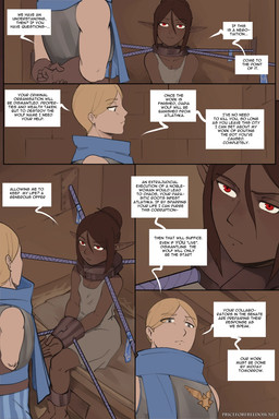 armor bound breastplate brown_hair clothed clothing dark_body dark_skin dialogue dialogue_box duo female frown hair hands_tied humanoid_pointy_ears inside legs_tied light_body light_skin male neck_bound not_furry pointy_ears prison_cell prisoner red_eyes restrained speech_bubble text arbuzbudesh lady_wolf_(arbuzbudesh) elf human humanoid mammal 2025 2:3 colored comic english_text hi_res url