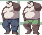 anthro belly black_body black_fur black_nose bottomwear boxer_briefs clothed clothing fur green_clothing green_underwear hand_behind_head humanoid_hands kemono male moobs navel nipples overweight overweight_anthro overweight_male pants solo standing topless underwear white_body white_fur 00murice bear giant_panda mammal 2021