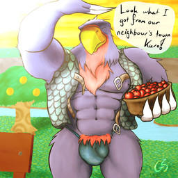 abs anthro anthrofied beak belt bench big_bulge biped bowl bulge cherry clothed clothing container detailed_bulge dialogue eyes_closed feather_hands feather_tuft feathered_wings feathers fingerless_(marking) food front_view fruit genital_outline grass holding_object light male multicolored_beak multicolored_body multicolored_feathers muscular muscular_anthro muscular_male navel neck_tuft open_clothing orange_(fruit) orange_beak outside pecs penis_outline plant pubes purple_body purple_feathers raised_arm red_body red_feathers river shadow skimpy sky smile solo speech_bubble standing sun sunlight text tree tuft two_tone_beak white_body white_feathers winged_arms wings yellow_beak glaciersnow animal_crossing nintendo sterling_(animal_crossing) avian bird 1:1 2013 digital_drawing_(artwork) digital_media_(artwork) english_text lighting portrait three-quarter_portrait