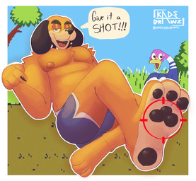 anthro bottomwear clothing duo feet foot_fetish foot_focus gesture hand_gesture male male/male overweight pointing shorts speech_bubble text kadedrawz duck_hunt nintendo duck_hunt_dog duck_hunt_duck anatid anseriform avian bird canid canine duck mammal hi_res