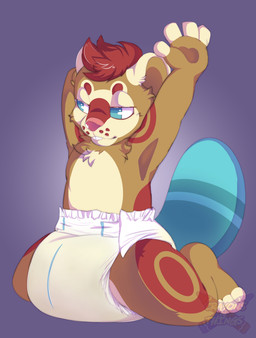 4_fingers 4_toes ambiguous_gender anthro beaver_tail big_diaper blue_tail bodily_fluids brown_body brown_fur brown_inner_ear buckteeth clothed clothing diaper diaper_only feet fingerless_(marking) fingers fur genital_fluids hair half-closed_eyes hand_behind_head kneeling logo markings multicolored_body multicolored_fur narrowed_eyes pink_nose purple_background raised_hand red_body red_fur red_hair red_spots simple_background smile solo spots spotted_body spotted_face spotted_fur tail tan_body tan_ears tan_fur teeth text three-quarter_view toeless_(marking) toes topless unclean_diaper urine used_diaper wearing_diaper wet_diaper wetness_indicator whisker_spots crayonsnthings kvikk_(littlekvikk) beaver mammal rodent artist_logo artist_name full-length_portrait hi_res portrait