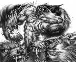 abs anthro bat battle bite blood bodily_fluids camazotz_(world_of_darkness) canid canine canis changeling_(world_of_darkness) claws clenched_teeth detailed fight fur gore greyscale group hakken_(world_of_darkness) long_ears looking_at_another male mammal monochrome motion_blur muscular muscular_male mythological_canine mythological_creature mythology open_mouth ron_spencer simple_background snarling teeth vampire violence were werebat werecanid werecanine werewolf werewolf_the_apocalypse white_background white_wolf_publishing wolf world_of_darkness_(series) wounded