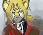 alternate_species anthro blonde_hair braided_hair braided_ponytail clothed clothing frown fur furrification hair looking_at_viewer male ponytail simple_background smoke solo unimpressed yellow_body yellow_eyes yellow_fur kiki-uma fullmetal_alchemist edward_elric cheetah felid feline mammal 2009 5:4 colored_sketch digital_drawing_(artwork) digital_media_(artwork) low_res sketch