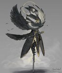 accessory anthro beak belt black_beak black_body black_feathers digit_ring feathered_wings feathers feet fog furgonomics halo jewelry looking_forward loose_feather male melee_weapon perching ring scabbard shadow solo sword sword_in_ground tail tail_accessory tail_jewelry tail_ring toe_ring toes weapon white_body white_feathers wings yellow_eyes themefinland lao_shizhe accipitrid accipitriform avian bird 2022 dated digital_media_(artwork) hi_res signature