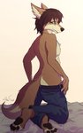 anthro asher_saiph blue_eyes bottomwear bottomwear_down brown_body brown_fur butt canid canine canis clothed clothing d6 dice feet fur hi_res jackal jewelry male mammal necklace pants pants_down partially_clothed pawpads paws smile solo toes volp3