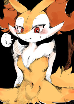 :3 anthro arm_tuft big_ears biped black_background blush blush_lines bodily_fluids breasts cheek_tuft chest_tuft ellipsis eyebrows eyelashes facial_tuft featureless_breasts female female_anthro front_view fur hands_behind_back hip_tuft inner_ear_fluff looking_at_viewer navel nude nude_anthro nude_female object_in_tail orange_body orange_fur orange_inner_ear_fluff orange_nose pointy_ears prick_ears question_mark red_eyes shoulder_tuft simple_background small_breasts solo speech_bubble standing stick stick_in_tail sweat sweatdrop tail tapering_snout tuft white_body white_fur yellow_tail izon448 nintendo pokemon braixen canid generation_6_pokemon mammal pokemon_(species) 2026 absurd_res colored digital_drawing_(artwork) digital_media_(artwork) half-length_portrait hi_res japanese_description portrait shaded translated_description